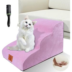 Hondentrap roze, 40 cm hoog, hondentrap voor kleine honden, hondenhelling boxspringbed, met wasbare pluche overtrek, antislip hondentrap 3 treden, pluisrol