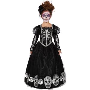 Wilbers & Wilbers - Spaans & Mexicaans Kostuum - Zwarte Jurk Versierd Met Doodshoofden Day Of The Dead Meisje - Zwart - Maat 128 - Halloween - Verkleedkleding