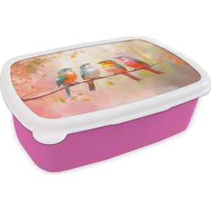Broodtrommel Roze - Lunchbox Vogels - Kleurrijk Tak - Brooddoos 18x12x6 cm - Brood lunch box - Broodtrommels voor kinderen en volwassenen