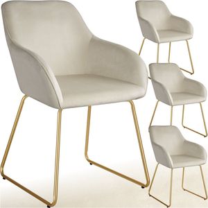 tectake® - Eetkamerstoel Jeane - Set van 4 Eetkamerstoelen - Met doorlopende rugleuning en armleuning - Kuipstoelen met fluwelen bekleding - Stijlvolle keukenstoelen voor eetkamer of woonkamer - Slipvrije en vloerbeschermende voetjes - Crème/goud