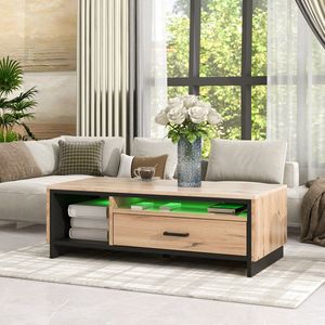 Sweiko Salontafel, met LED verlichting incl. afstandsbediening, Bijzettafel in houtlook met lade, Woonkamertafel hout, Log Style salontafel