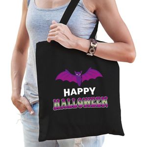Halloween - Vleermuis / happy halloween trick or treat katoenen tas/ snoep tas zwart - bedrukte tas / halloween / outfit