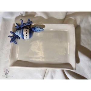 BellaCeramics 1009 | Bord koraal | servetbord klein servet schelpen blauw | Italië - Italiaans keramiek servies | 23 x 16 cm h 2 cm