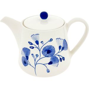 Theepot crème wit blauw bloemen 1000 ml - Handgemaakt en handgeschilderd