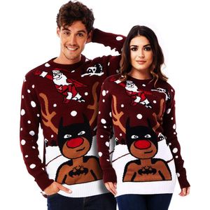 Foute Kersttrui Dames & Heren - Christmas Sweater ""SuperKerstman & z'n BatRendier"" - Kerst trui Mannen & Vrouwen Maat L