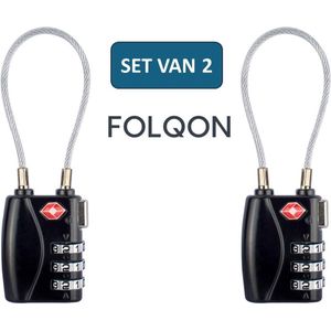 FOLQON kofferslotjes - TSA Kofferslot - set van 2 stuks - Reisslot – Reis Cijferslot – Cijferslot - Hangslot - Hangslotje - Bagageslot - Koffersloten - Kluisslotje - Zwart