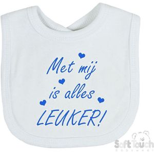 Soft Touch Slabber Slabbetje Slab ""Met mij is alles leuker! Unisex Katoen Wit/blauw Maat 33x22 Cm