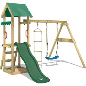 WICKEY speeltoestel klimtoestel TinyCabin met schommel & groene glijbaan, outdoor klimtoren voor kinderen met zandbak, ladder & speelaccessoires voor de tuin
