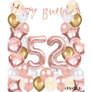 Snoes Ballonnen 52 Jaar Rose Gold White Dots - Compleet Feestpakket met cijfer ballon 52 jaar - Verjaardag Versiering Slinger Happy Birthday – Folieballon – Latex Ballonnen - Helium Ballonnen - Rose Feestpakket