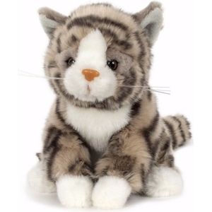 Pluche knuffel grijze kat/poes met zwarte strepen 16 cm