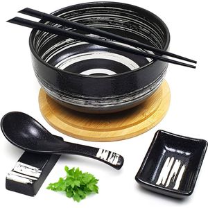 Premium handbeschilderde keramische kommen met deksel - zwart-wit - 1100 ml - Japans design - voor Buldak ramen noedels Pho Soba