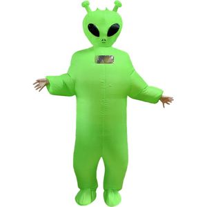 KIMU® Opblaas Kostuum Lange Groene Alien - Opblaasbaar Pak - Alienpak Mascotte Opblaaspak - Opblaasbare Buitenaards Wezen Dames Heren Festival