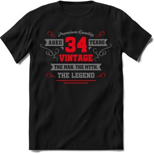 34 Jaar Legend -  kado T-Shirt Heren / Dames - Zilver / Rood - Perfect Verjaardag Cadeau Shirt - grappige Spreuken, Zinnen en Teksten. Maat XXL