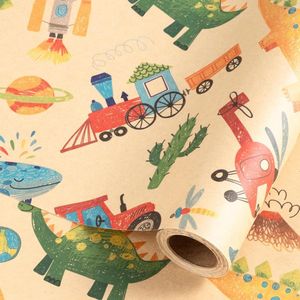 Baby Boy Wrapping Paper Mini Roll - Hand Drawn Dinosaur Whale Helicopter Pattern for Kids Birthday Party Baby Shower 17 x .