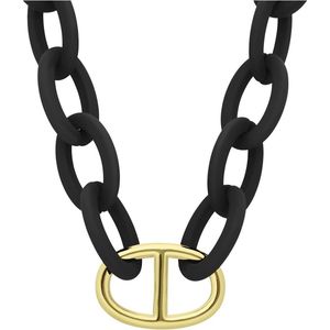 Lucardi Dames Zwarte ketting met stalen goldplated hanger - Ketting - Staal - Goudkleurig - 47 cm
