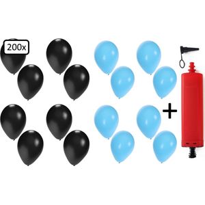 200x Ballonnen zwart en lichtblauw + ballonpomp - Ballon carnaval festival feest party verjaardag landen helium lucht thema