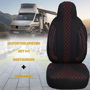 Stoelhoezen voor Citroen Jumper caravan / camper in pasvorm, set van 2 stuks - bestuurder 1 + 1 passagierszijde - WPL - serie - WPL702 - Zwart/rode naad