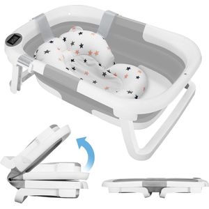 Grote opvouwbare babykuip met badmat, babybadkuip met geïntegreerde thermometer, babybad met douchekopaansluiting, ruimtebesparend, ergonomisch, draagbare badkuip voor baby's van 0-36 maanden