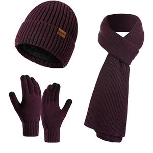 Winter Set voor Mannen - Inclusief Muts, Sjaal & Handschoenen met Touchscreen - Bordeaux rood