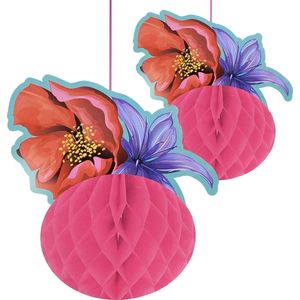 Cool 2 Party - Honeycombs - tropisch - bloemen - hawai - exotisch - paars - rood - roze - 1x 30 cm 1x 20 cm - decoratiewaaier - papieren waaier - versiering - feest - BBQ - zomer - incl. paperclips