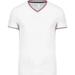 Wit t-shirt met blauw-rood streepje bij kraag en mouw V-hals merk Kariban maat XL