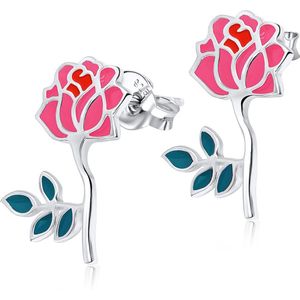 Joy|S - Zilveren roos oorbellen - roze - 11 x 16 mm - bloem oorknoppen