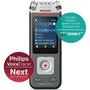 Philips DVT6115 Audiorecorder - 3Mic Stereo 24-bits/96 kHz - Sembly AI spraakherkenning cloud-software - Smartphone-app - USB-C - Antraciet