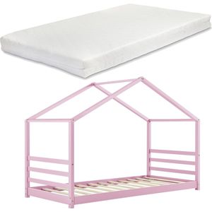 Kinderbed Eulalia - Grenen - Huisbed - Incl. Matras - 90x200 cm - Roze - Voor meisjes - Voor jongens