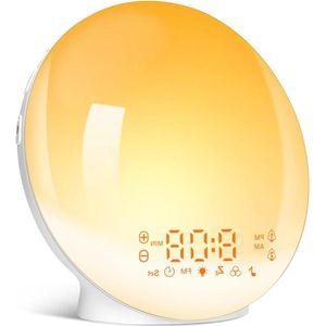 Lichtwekker met zonsopgang en zonsondergang simulatie, radio, natuurgeluiden, snooze, 11 kleuren licht en 20 helderheidsniveaus voor volwassenen (geel)