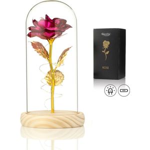Luxe Roos in Glas met LED – Valentijn - Gouden Roos in Glazen Stolp – Eeuwige Roos - Moederdag - Bekend van Beauty and the Beast - Cadeau voor vriendin moeder haar - Roze - Lichte Voet – Qwality