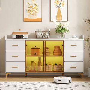 Pugsdrly 160 × 44 × 87 cm, wit, moderne keukenkast / buffetkast / 6 lades / glazen deuren / LED-verlichting met afstandsbediening / sfeerverlichting en handgrepen van goudkleurig metaal, geschikt voor de keuken, woonkamer, slaapkamer