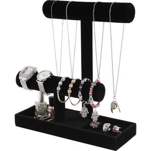 Armband kettinghouder organizer met ring en oorbelbakje, verwijderbare sieradenstandaard voor armbanden, haarbanden, horloges en kettingen (zwart fluweel)