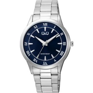 Q&Q C10A-047PY - Horloge - Analoog - Heren - Mannen - stalen band - Rond - Metaal - Romeinse Cijfers - Zilverkleurig - DonkerBlauw