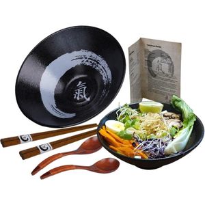 Ramen kom set [keramiek] - 2 x Japanse bowl met eetstokjes, lepel en receptenboekje - set van 2 kommen voor ramen, noedels