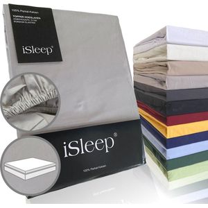 iSleep Perkal Topper Hoeslaken - 100% Perkal Katoen - Rondom Elastiek - Litsjumeaux - 180x200 cm - Zilver