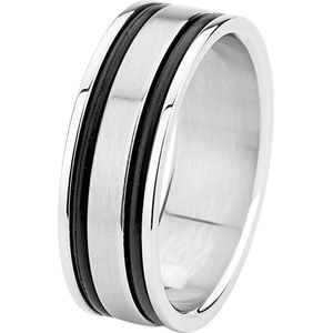 Lucardi Heren Ring met zwarte accenten - Ring - Cadeau - Staal - Zilverkleurig