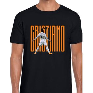 Ronaldo Uniseks T-Shirt - Zwart text oranje - Maat L - Korte mouwen - Ronde hals - Normale pasvorm - Cristiano ronaldo - Voetbal - Voor mannen & vrouwen - Kado - CR7 - veldman prints & packaging