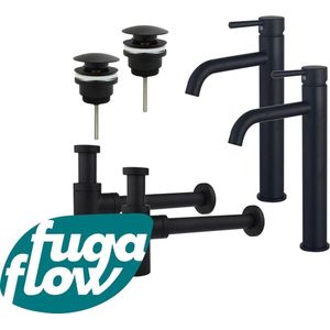 FugaFlow Eccelente Sobrado Badkamer Wastafelkraanset - voor dubbele wastafel - verhoogde wastafelkraan - klikwaste plug - design sifon - Mat zwart