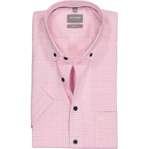 OLYMP comfort fit overhemd - korte mouw - popeline - roze met wit geruit - Strijkvrij - Boordmaat: 42
