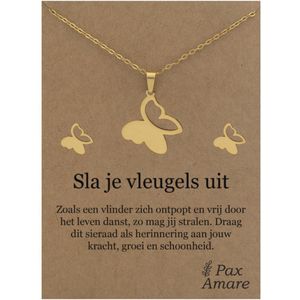 Stainless Steel Vlinder Ketting + Oorbellen Setje op Cadeau Kaartje - Sla je vleugels uit - 45 cm ketting & ± 10x10mm Oorknopjes - Goudkleurig Roestvrij Staal - Pax Amare