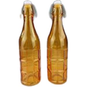 Trendy decoratie fles BEAULINDE - set van 2 - Glas - Oranje - Blok patroon - ⌀ 7 x h 27 cm