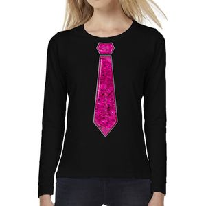 Bellatio Decorations Verkleed shirt dames - stropdas paillet roze - zwart - carnaval - longsleeve XL