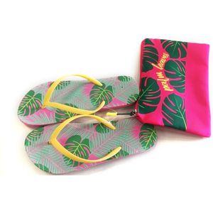 Teenslippers + draagtas, Palm print, roze/geel/groen, maat 38