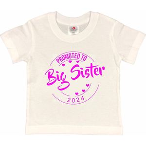 Shirt Aankondiging zwangerschap Promoted to Big Sister 2024 | korte mouw | wit/fluor pink | maat 122/128 zwangerschap aankondiging bekendmaking Baby big sis sister
