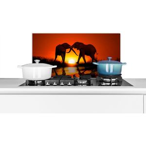 Spatscherm keuken 70x30 cm - Kookplaat achterwand Olifanten koppel bij zonsondergang - Muurbeschermer - Spatwand fornuis - Hoogwaardig aluminium