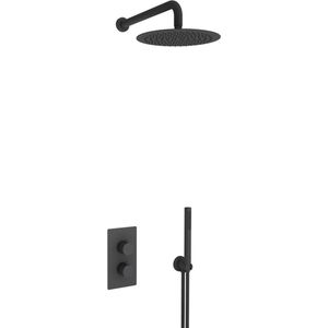 Fortifura Calvi Inbouw Regendoucheset - thermostatisch - wandarm - 25cm hoofddouche - staaf handdouche - metalen doucheslang - mat zwart