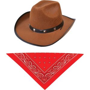 Carnaval verkleed hoed voor een cowboy - bruin - polyester - heren/dames - incl. bandana