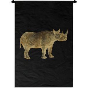 Wandkleed Vintage Afrikaanse dieren - Vintage afbeelding van een Afrikaanse neushoorn in het goud op een zwarte achtergrond Wandkleed katoen 60x90 cm - Wandtapijt met foto