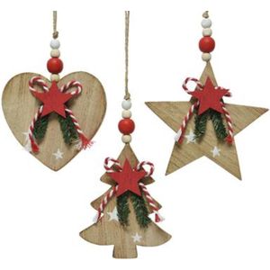 Boomdecoratie Hanger Mdf Deco 3Ass Star - Tree - Heart Rood 0.9x12x23cm