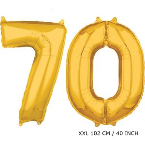 Mega grote XXL gouden folie ballon cijfer 70 jaar. Leeftijd verjaardag 70 jaar. 115 cm 40 inch. Met rietje om ballonnen mee op te blazen.